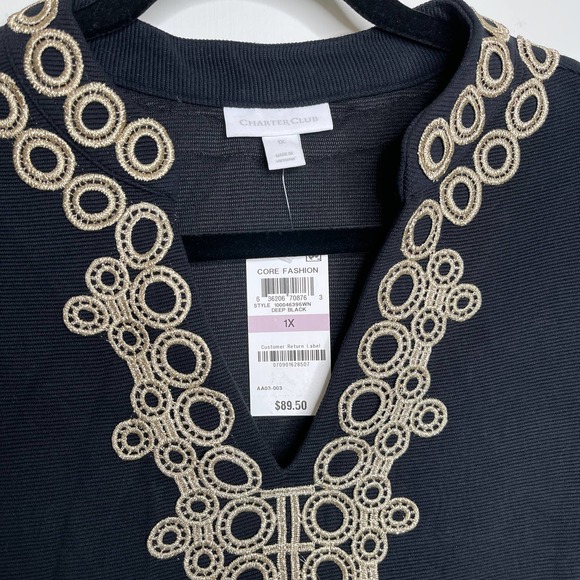 Charter Club Women's Plus Size 1x Tunic Top Black Gold Textured Ribbed 3/4 - Picture 2 of 4